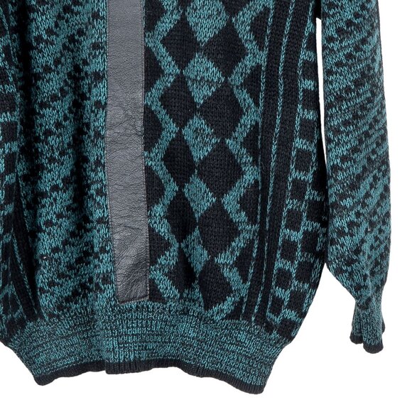 Aspetuck Trading Co VTG Sweater XL Mens Geometric Black Green Leather Trim - Picture 3 of 5